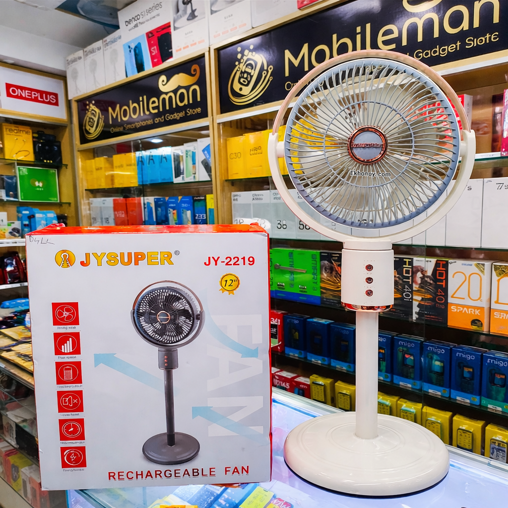 JY Super JY-2219 Rechargeable Stand Fan 12″ 12000mAh Battery – High Speed & Long Backup